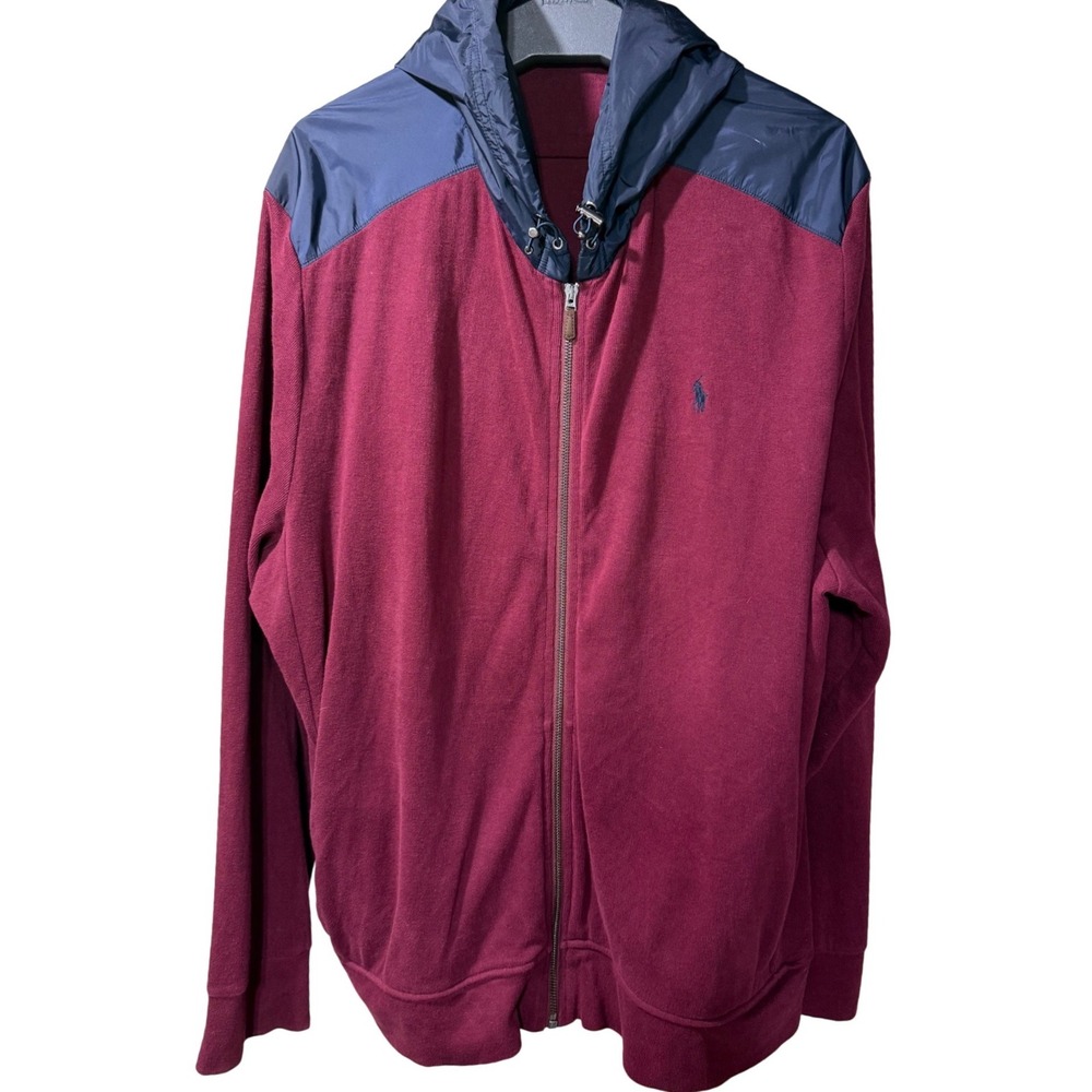 Polo Ralph Lauren Mens XXL Estate Rib Full Zip Hoodie Red Wine Navy Windbreaker - Picture 2 of 10